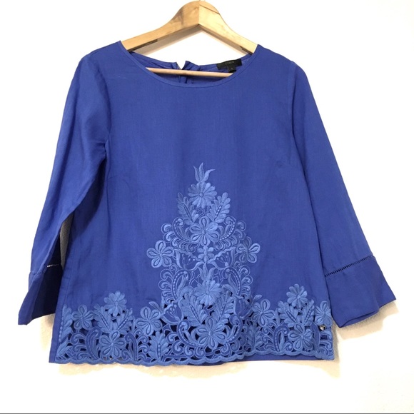 J. Crew Tops - J. crew blue linen top with floral embroidery Sz2*